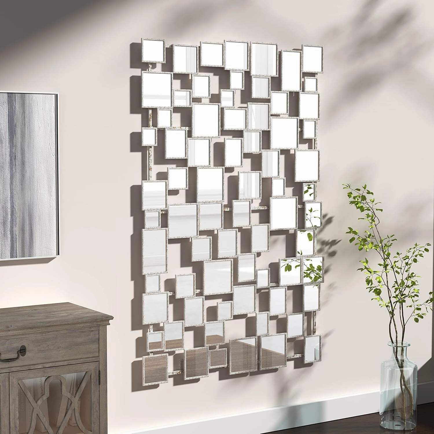 Modern Large Accent Mirror - Silver Decorative Mirror 45×30 Inch Metal Framed Rectangular Wall Mirror for Home Living Rooms Entryways