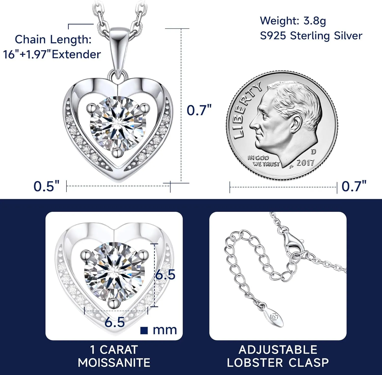 MomentWish Heart Necklace for Women, Gift for Christmas, Moissanite Necklace, D Color VVS1 Simulated Diamond 925 Sterling Silver Necklace, Love Gifts for Birthday Valentine's Day