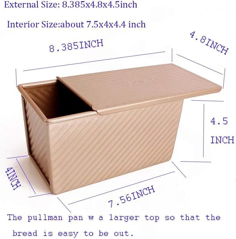 monfish Pullman Loaf Pan w Cover Bread Toast Mold corrugated loaf Pan w lid 1lb dough Alluminumed Steel Non Stick Gold (8.5X4.75X4.375INCH)