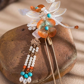 Morning Glory Dragonfly Pearl Tassels Chinese Hanfu and Style Hair Clip Hair Accessories for Women Girls Long Hair (Glass Dragonfly)