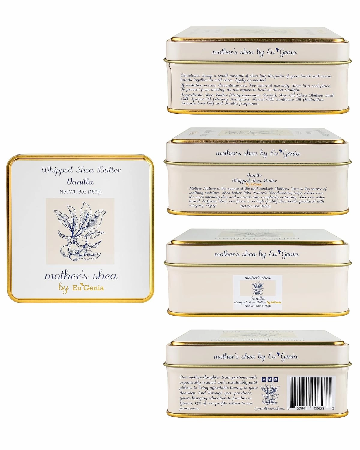 Mother's Shea Whipped Shea Butter (Eucalyptus, 6 Oz Tin) 100% Pure Raw Unrefined African Shea - Organic, Sustainably-Sourced Ingredients - Natural Skin & Hair Care