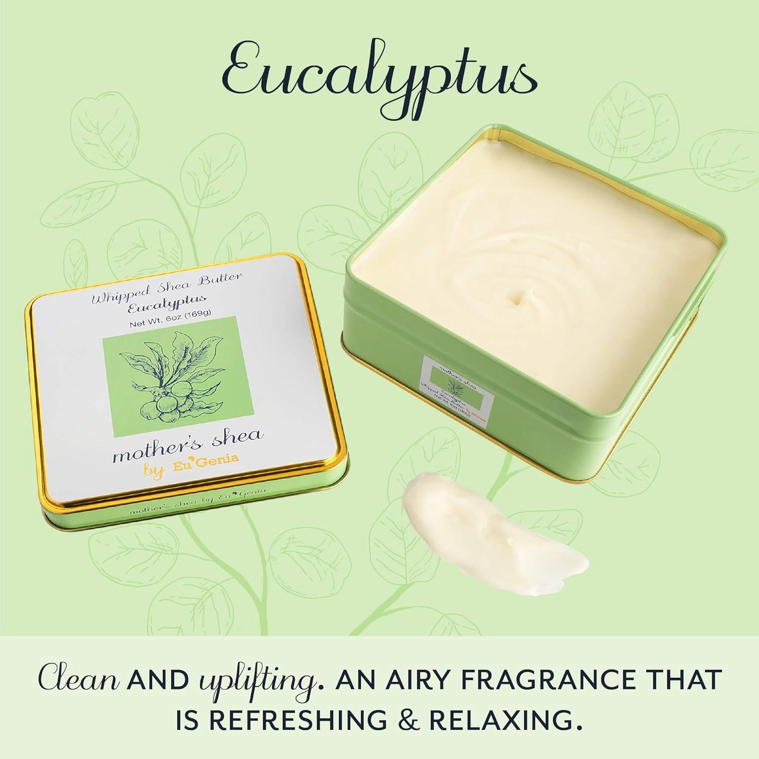 Mother's Shea Whipped Shea Butter (Eucalyptus, 6 Oz Tin) 100% Pure Raw Unrefined African Shea - Organic, Sustainably-Sourced Ingredients - Natural Skin & Hair Care