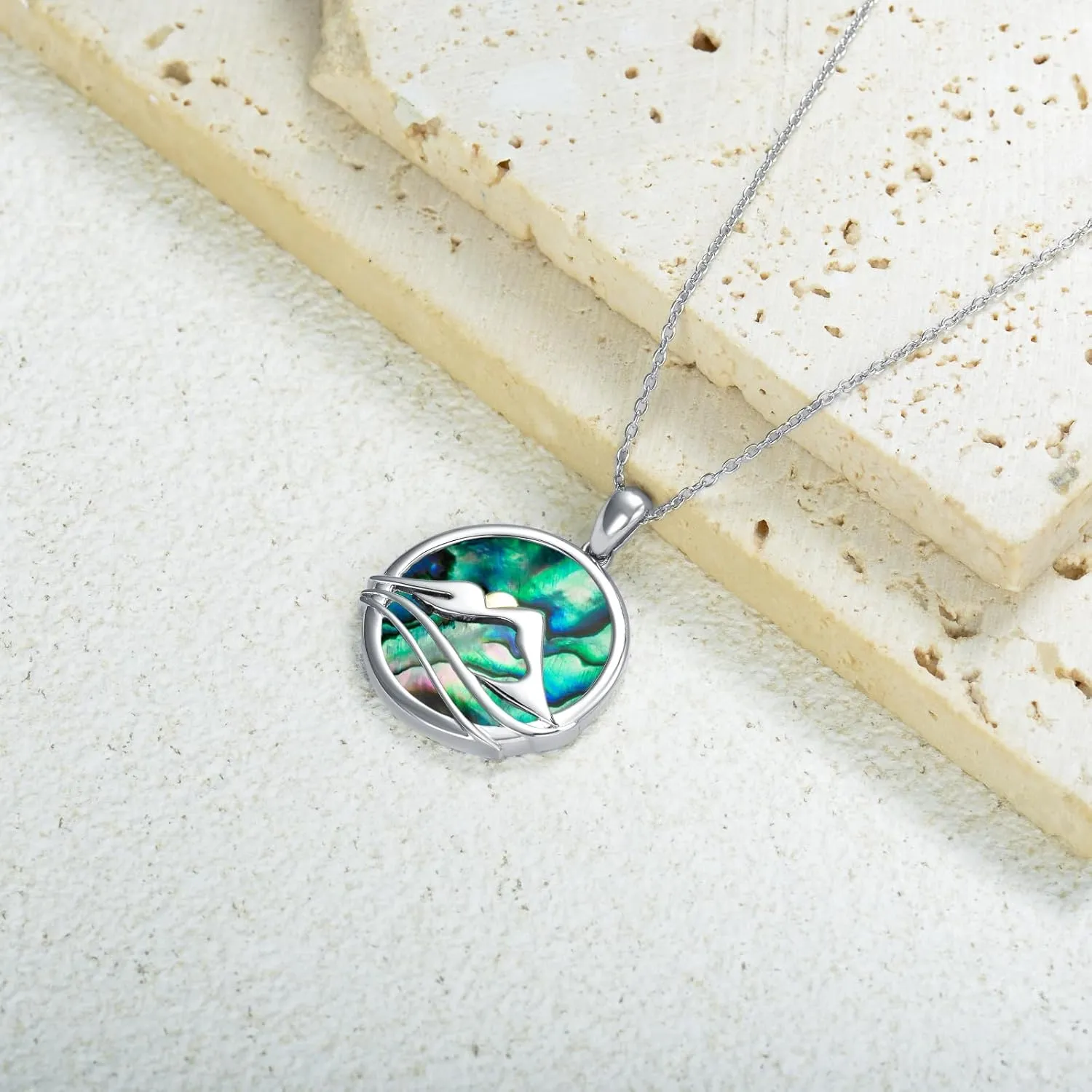 Mountain Pendant Necklace 14K White Gold Plated Sterling Silver Abalone Shell/Moss Agate Mountain Range Necklace Circle Mountain Pendant Necklace for Hikers, Climbers and Nature Lover