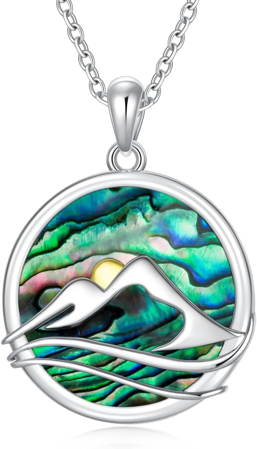 Mountain Pendant Necklace 14K White Gold Plated Sterling Silver Abalone Shell/Moss Agate Mountain Range Necklace Circle Mountain Pendant Necklace for Hikers, Climbers and Nature Lover
