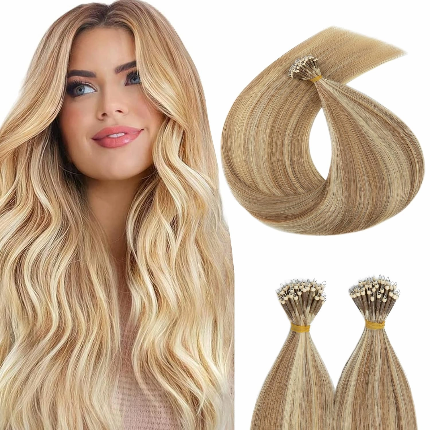 Nano Bond Human Hair Extensions - Nano Ring & Tip Extensions, Silky Straight Natural 50g/50 Stands 22" Golden Brown Mix Bleach Blonde