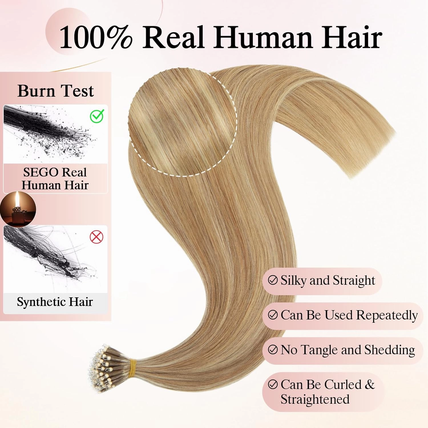 Nano Bond Human Hair Extensions - Nano Ring & Tip Extensions, Silky Straight Natural 50g/50 Stands 22" Golden Brown Mix Bleach Blonde