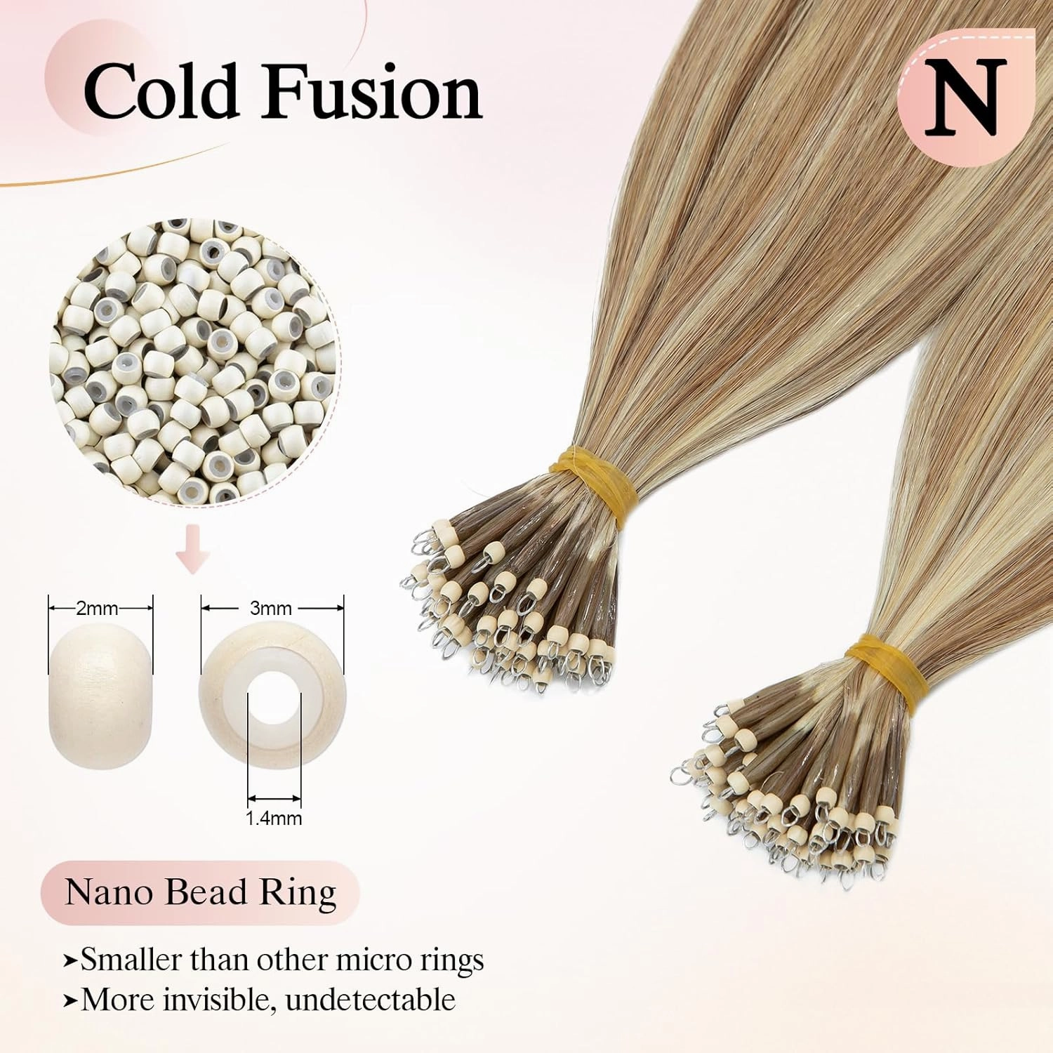 Nano Bond Human Hair Extensions - Nano Ring & Tip Extensions, Silky Straight Natural 50g/50 Stands 22" Golden Brown Mix Bleach Blonde