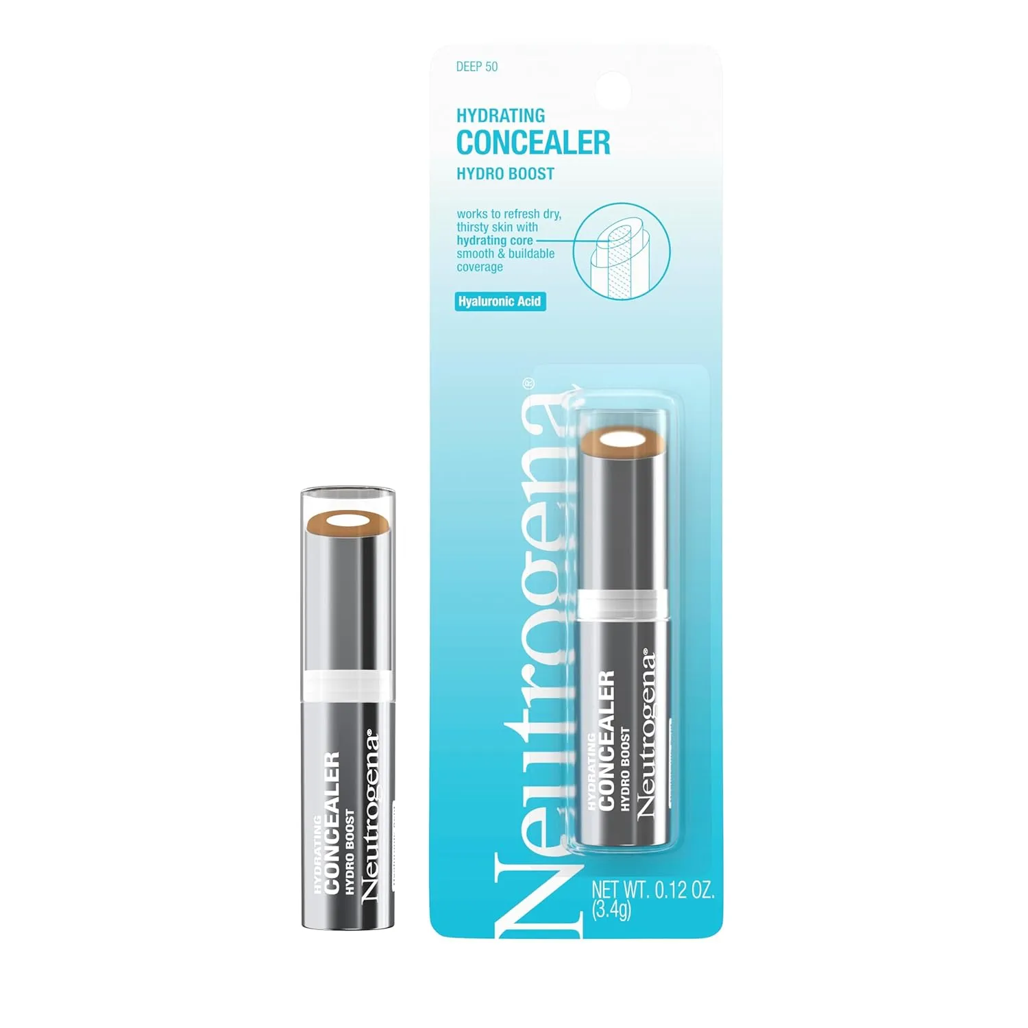 Neutrogena Hydro Boost Hydrating Concealer Stick for Dry Skin, Oil-Free, Lightweight, Non-Greasy and Non-Comedogenic Cover-Up Makeup with Hyaluronic Acid, 50 Deep, 0.12 Oz