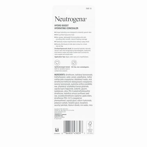 Neutrogena Hydro Boost Hydrating Concealer Stick for Dry Skin, Oil-Free, Lightweight, Non-Greasy and Non-Comedogenic Cover-Up Makeup with Hyaluronic Acid, 10/Fair, 0.12 Oz