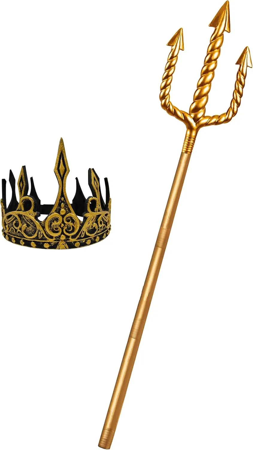 Nicky Bigs Novelties Adult Ocean Sea King Foam Gold Crown and Plastic Trident Staff Cosplay Set - Adjustable Halloween Costume Accessory Props, One Size, Gold