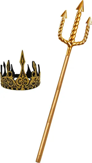 Nicky Bigs Novelties Adult Ocean Sea King Foam Gold Crown and Plastic Trident Staff Cosplay Set - Adjustable Halloween Costume Accessory Props, One Size, Gold