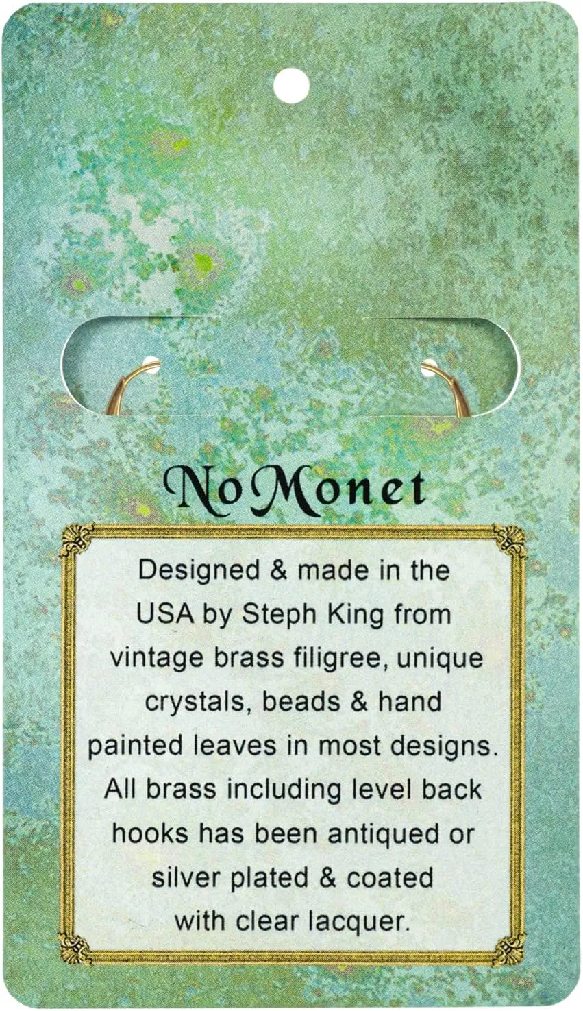 NoMonet Dragonfly Daze earrings, dreamy art deco-inspired fantasy, fanciful, dangle, hand-painted leaves, vintage filigree, artisan-designed jewelry