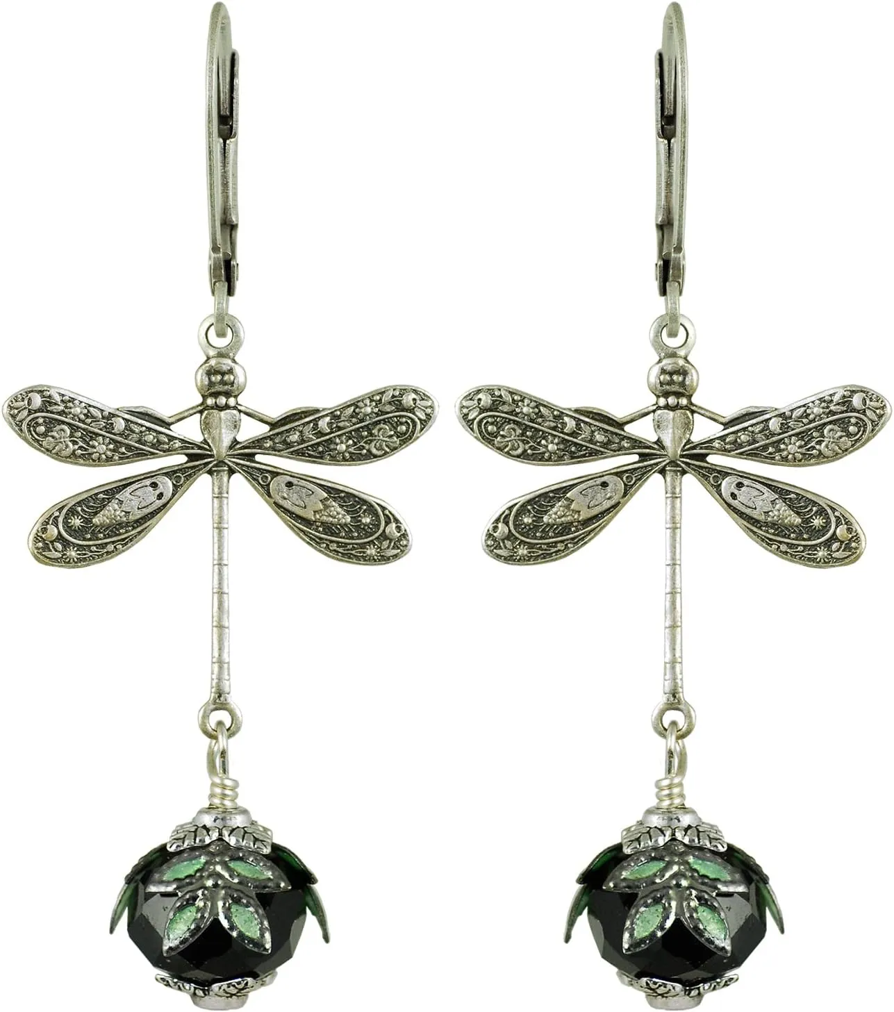 NoMonet Dragonfly Daze earrings, dreamy art deco-inspired fantasy, fanciful, dangle, hand-painted leaves, vintage filigree, artisan-designed jewelry
