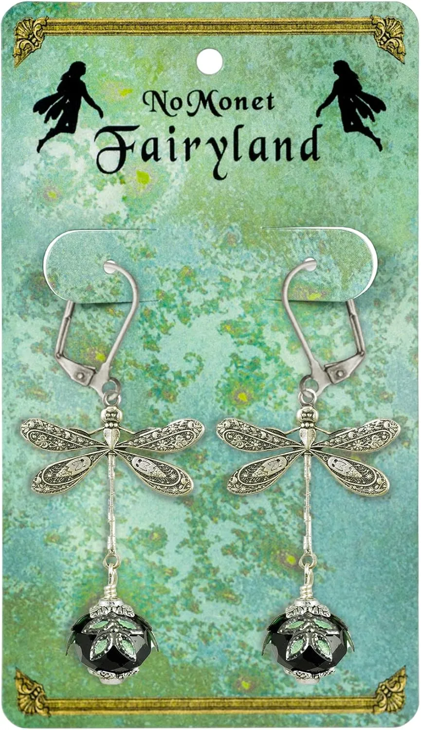 NoMonet Dragonfly Daze earrings, dreamy art deco-inspired fantasy, fanciful, dangle, hand-painted leaves, vintage filigree, artisan-designed jewelry