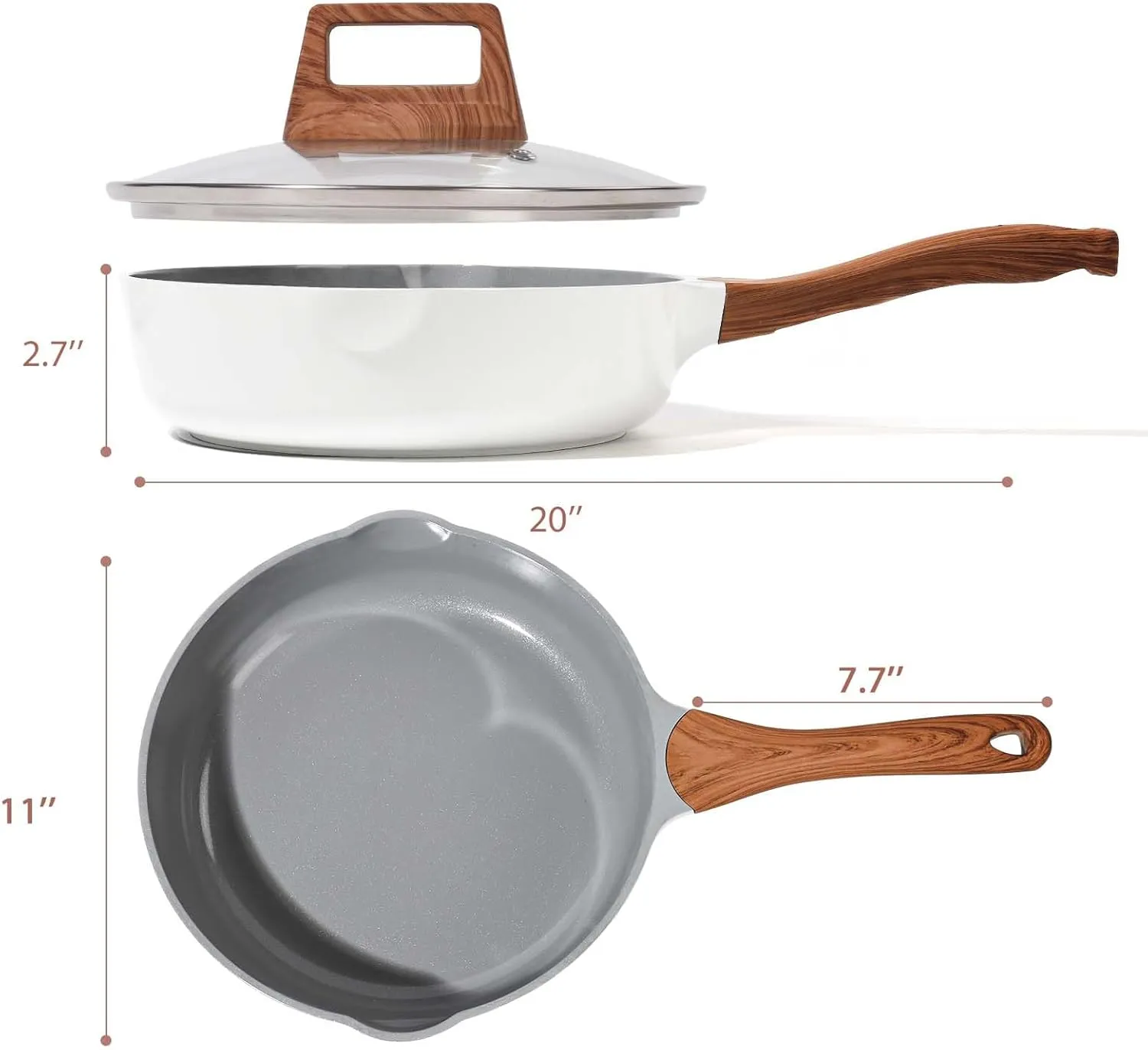 Nonstick Frying Pans With Lid, 11 Inches Skillets Deep Frying Pan Non stick, Ceramic Frying Pans With Pour Spout, Non Toxic Frying Pan for Stove, Induction, Gas, PB/CD/PFOA Free (White,11 Inches)