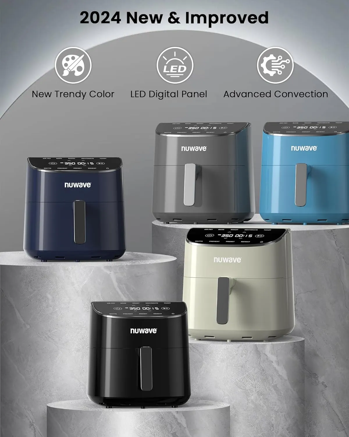 Nuwave Brio Plus Air Fryer 8 Qt, New & Improved, PFAS-FREE, 7 Digital One-Touch Cook Functions that AIR FRY, BAKE, ROAST, DEHYDRATE, TOAST, REHEAT, PREHEAT, 150 Presets, 50°F~400°F, 700/1500/1800W