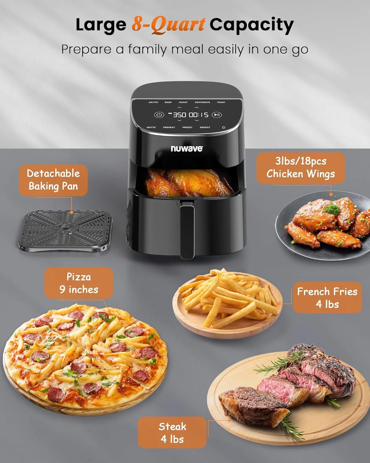 Nuwave Brio Plus Air Fryer 8 Qt, New & Improved, PFAS-FREE, 7 Digital One-Touch Cook Functions that AIR FRY, BAKE, ROAST, DEHYDRATE, TOAST, REHEAT, PREHEAT, 150 Presets, 50°F~400°F, 700/1500/1800W