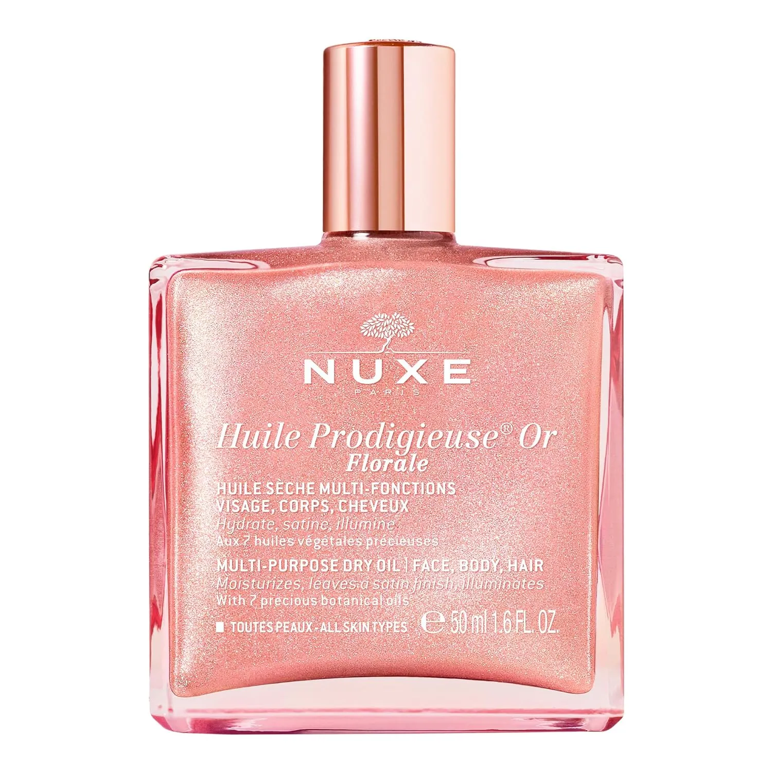 Nuxe Huile Prodigieuse Floral Shimmering Multi Purpose Dry Oil for Face, Body & Hair. Luxurious Rose Gold Glow and Deep Hydration, 1.6 fl.oz.