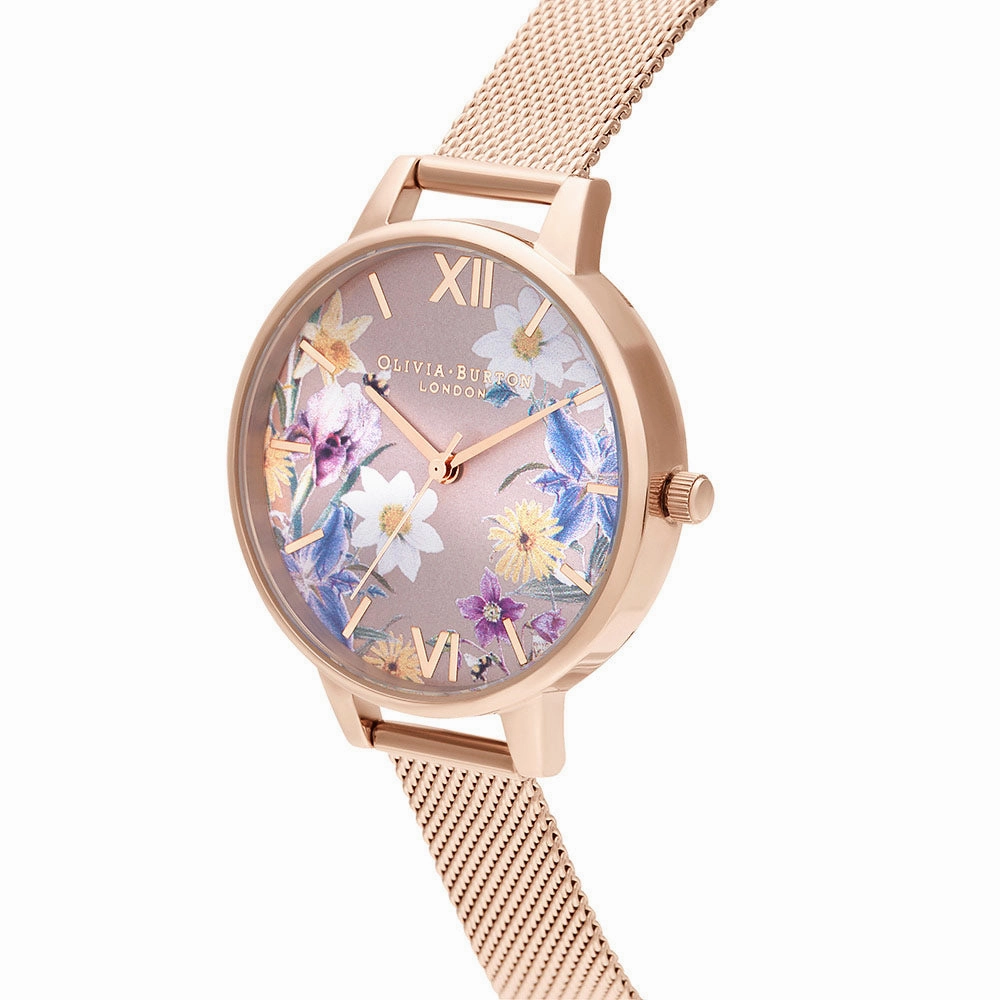Olivia Burton Best In Show Pale Rose Gold Mesh Floral Dial Women's Watch - OB16EG141