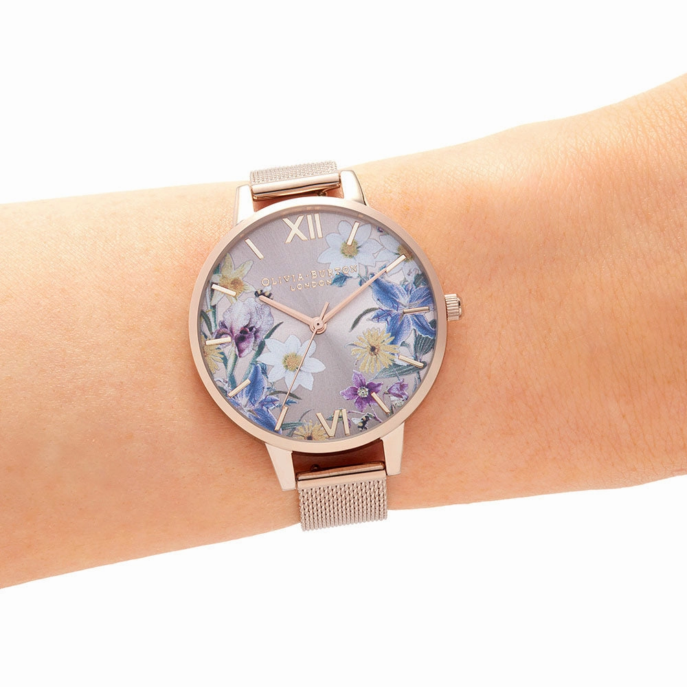 Olivia Burton Best In Show Pale Rose Gold Mesh Floral Dial Women's Watch - OB16EG141
