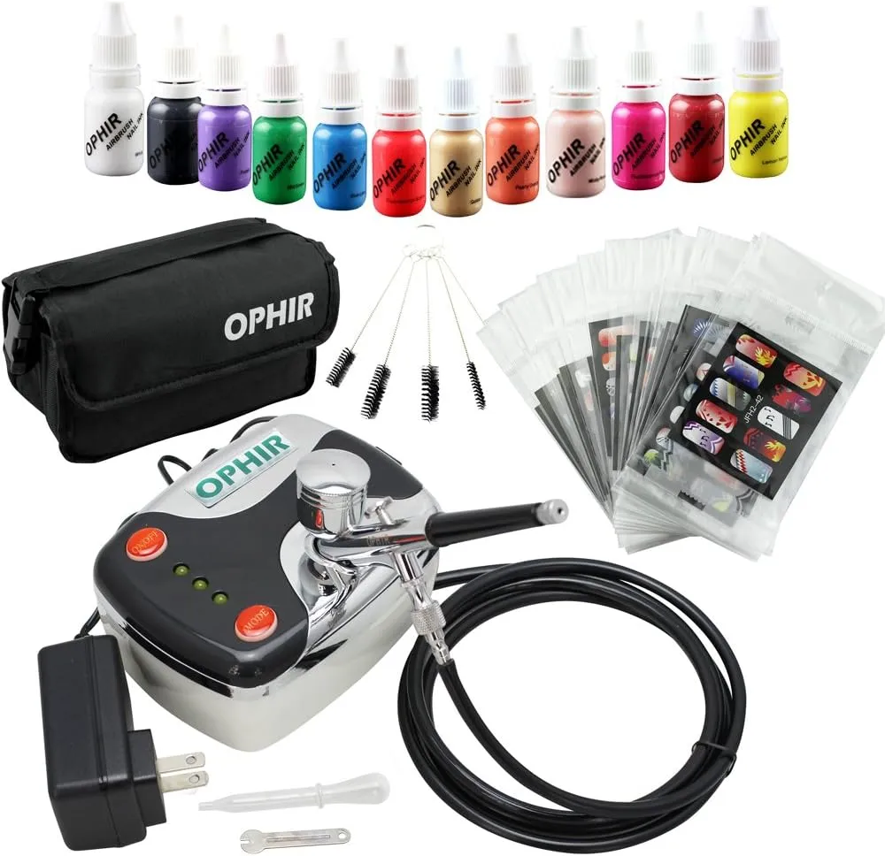 OPHIR Nail Airbrush Kit, 0.3mm Airbrush Kit for Nails with Airbrush Nail Stencil, 12x Airbrush Nail Paint & Bag & Cleaning Brush Set (Black)