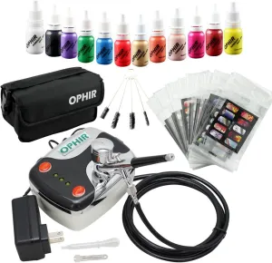 OPHIR Nail Airbrush Kit, 0.3mm Airbrush Kit for Nails with Airbrush Nail Stencil, 12x Airbrush Nail Paint & Bag & Cleaning Brush Set (Black)