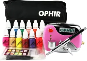 OPHIR Nail Airbrush Machine with 12x Nail Paint Ink Set, 0.3mm Airbrush Kit with Airbrush Nail Stencil & Bag & Cleaning Brush Set (Pink)