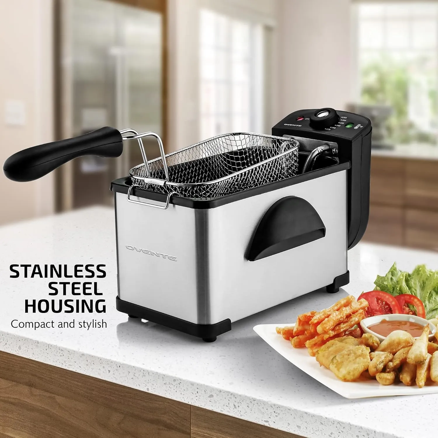 OVENTE Electric Deep Fryer 2 Liter Capacity, 1500 Watt Lid with Viewing Window and Odor Filter, Adjustable Temperature, Removable Frying Basket and Easy to Clean Stainless Steel Body, Silver FDM2201BR
