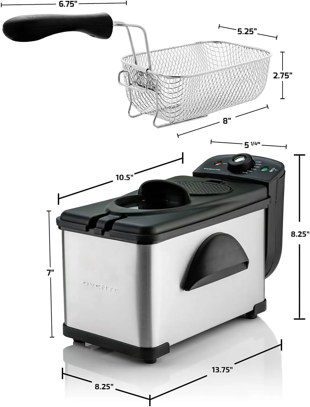 OVENTE Electric Deep Fryer 2 Liter Capacity, 1500 Watt Lid with Viewing Window and Odor Filter, Adjustable Temperature, Removable Frying Basket and Easy to Clean Stainless Steel Body, Silver FDM2201BR