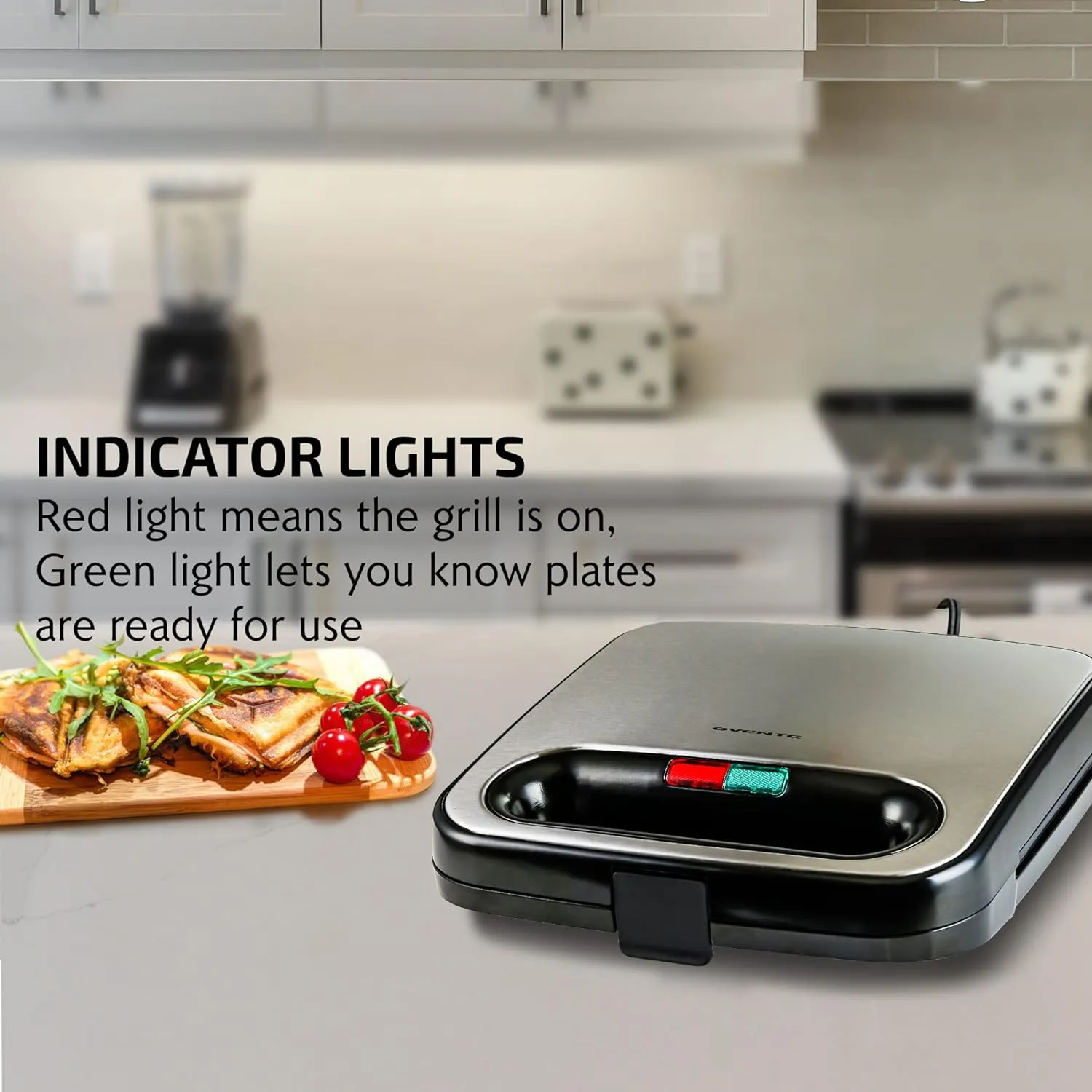OVENTE Electric Sandwich Maker with Non-Stick Plates, Indicator Lights, Cool Touch Handle, Easy to Clean and Store, Perfect for Cooking Breakfast, Grilled Cheese, Tuna Melts and Snacks, Black GPS401B