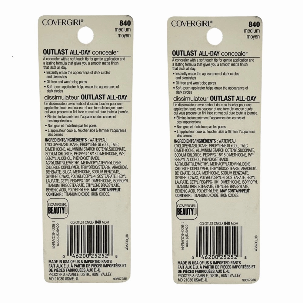 Pack of 2 CoverGirl Outlast All-Day Soft Touch Concealer, Medium # 840