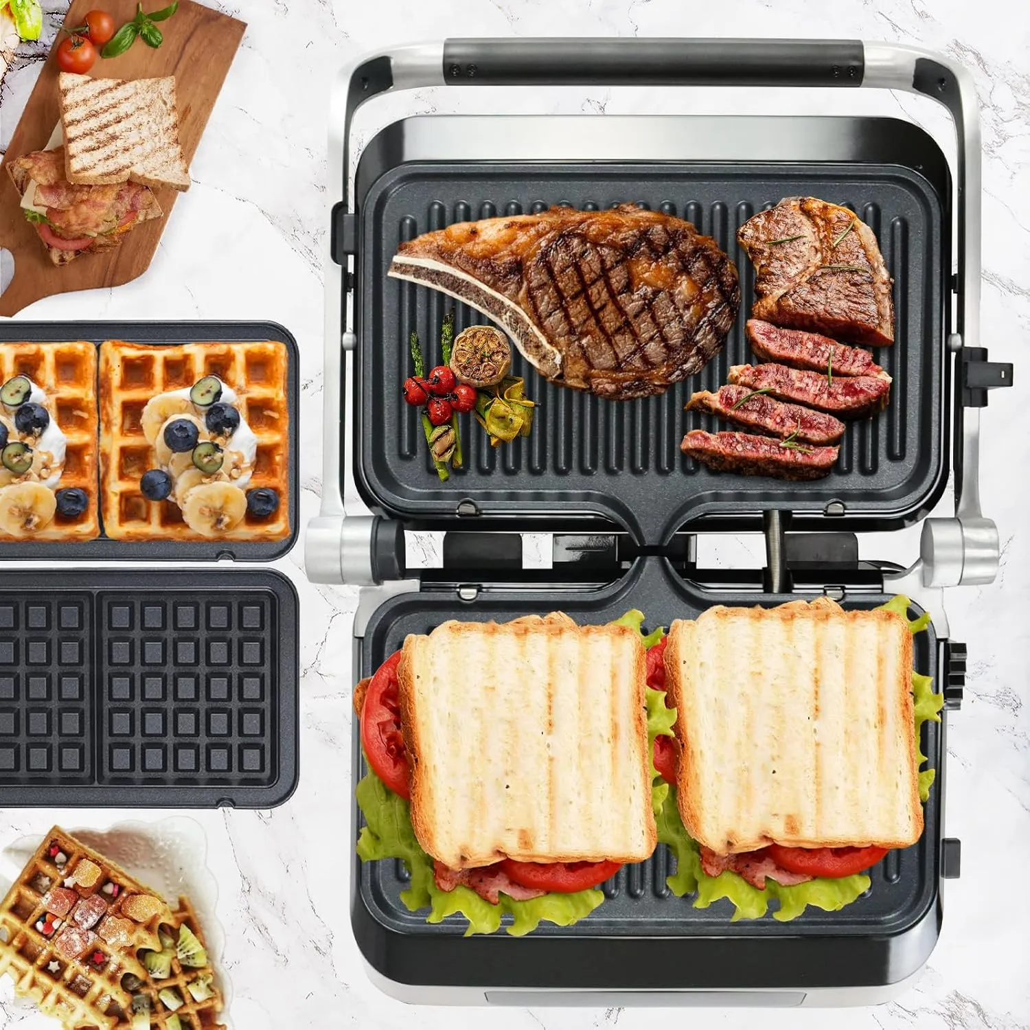 Panini Waffle Maker Combo | Panini Grill Press Sandwich Maker, Smokeless Indoor Grill, 1600W, 180° Open, Removable Plates, Stainless Steel, Ideal Kitchen Gift for Steak, Hamburger, Waffle