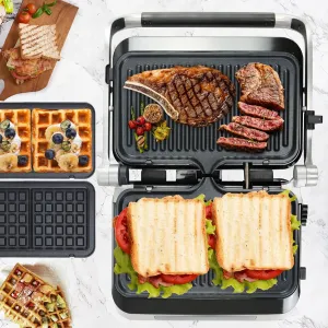 Panini Waffle Maker Combo | Panini Grill Press Sandwich Maker, Smokeless Indoor Grill, 1600W, 180° Open, Removable Plates, Stainless Steel, Ideal Kitchen Gift for Steak, Hamburger, Waffle