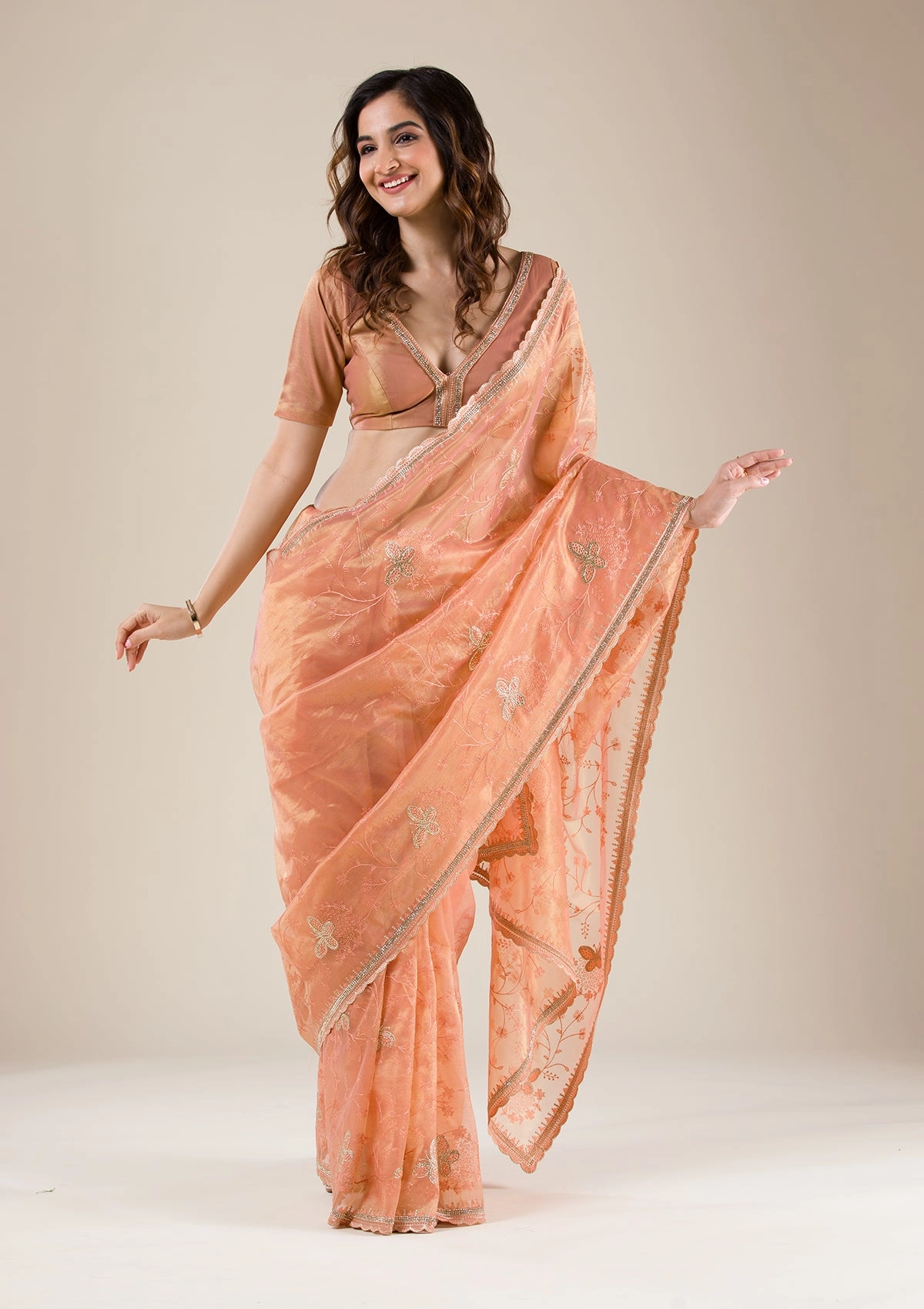 Peach Stonework Tissue Saree
