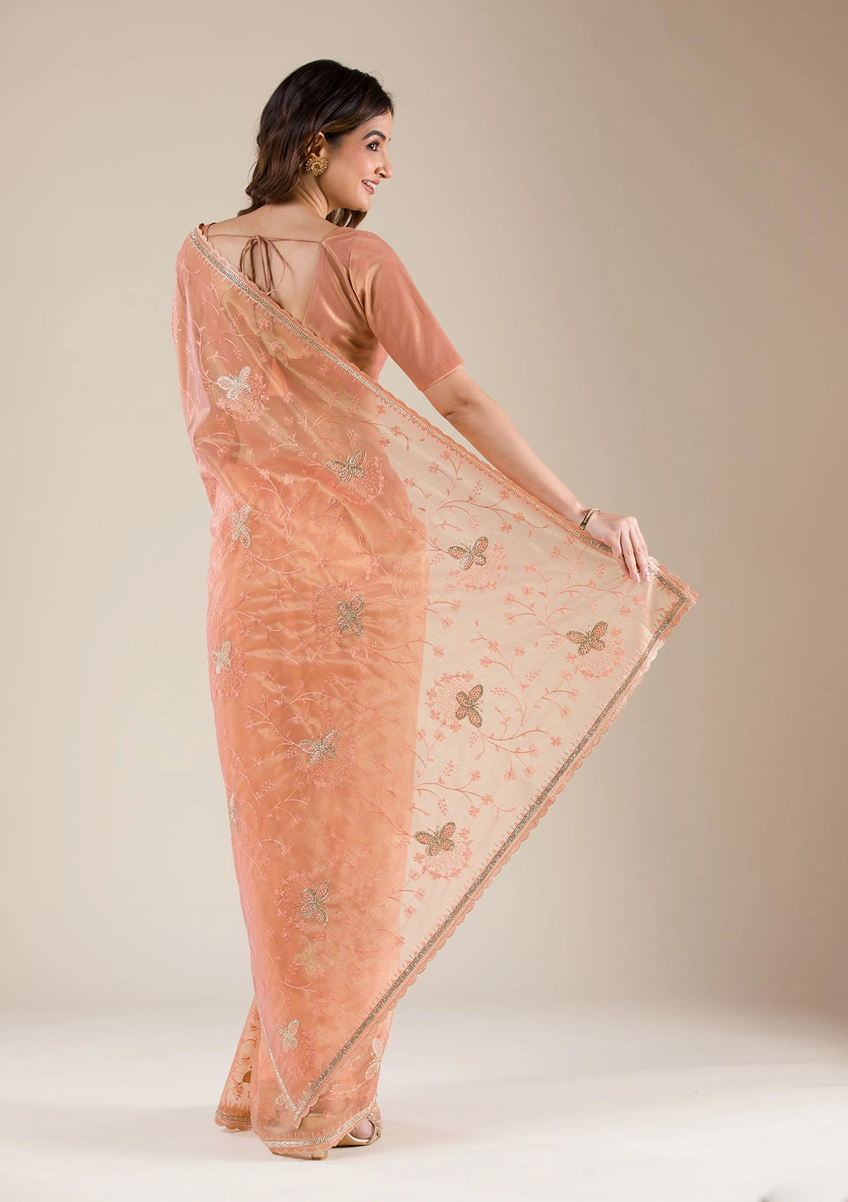Peach Stonework Tissue Saree