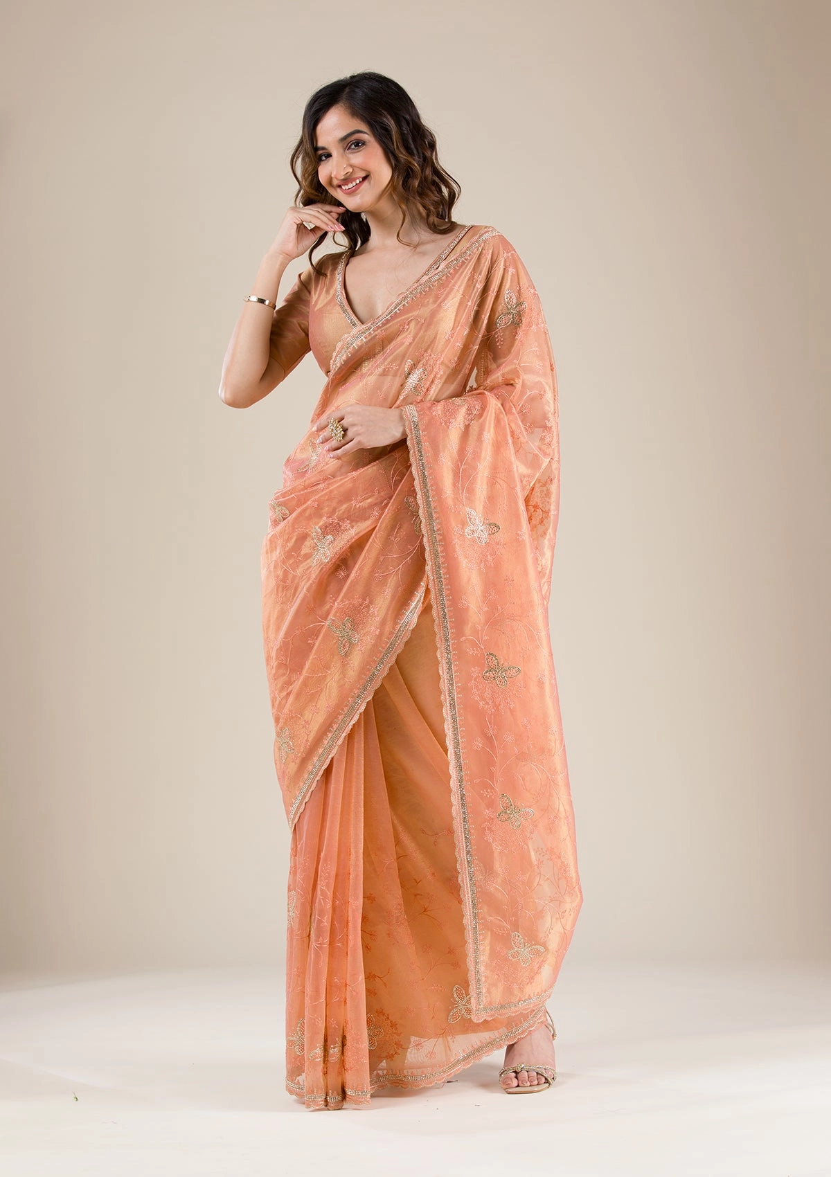 Peach Stonework Tissue Saree