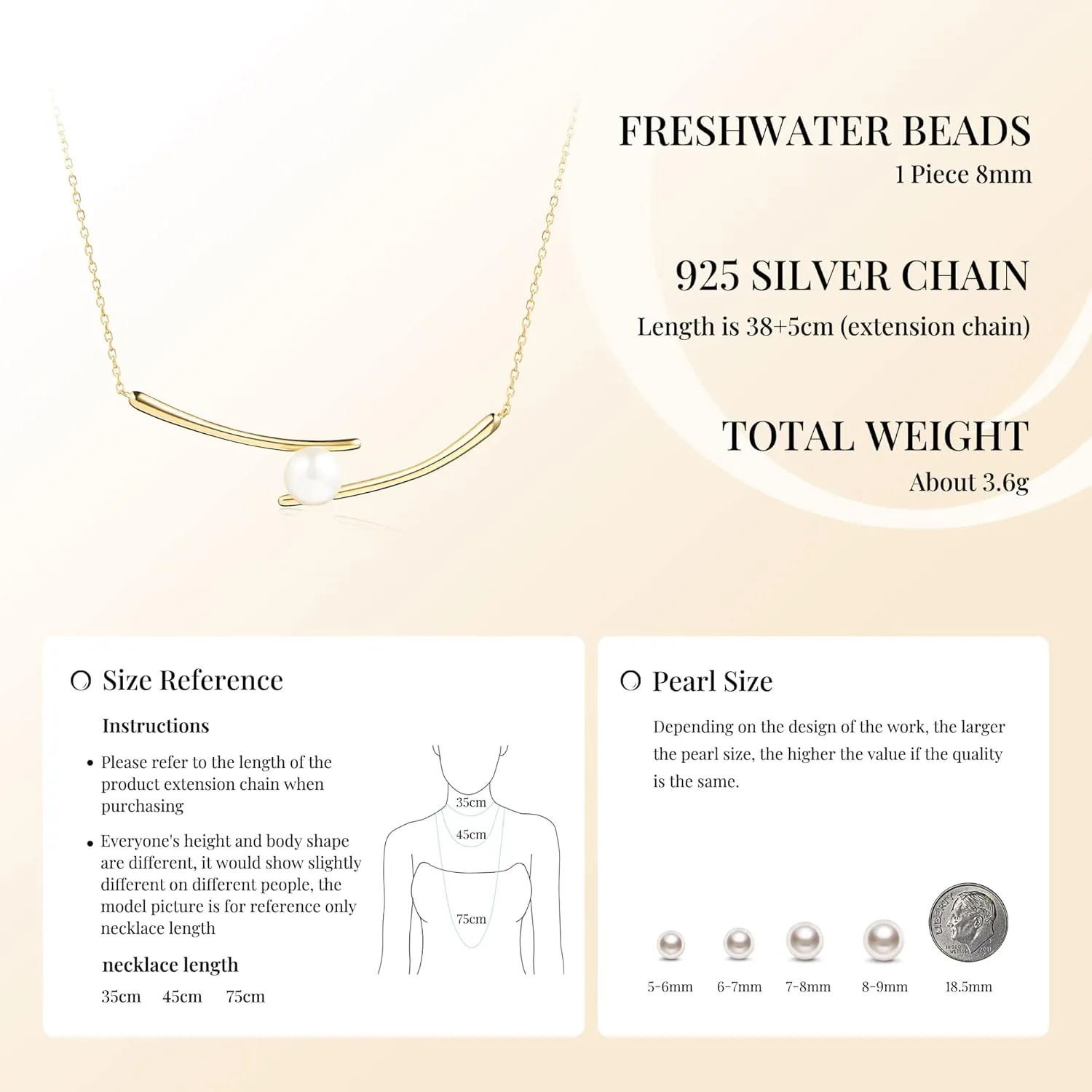 Pearl Pendant Necklace for Women, Freshwater Cultured White Pearl, Sterling Silver, Adjustable Length, Minimalist Jewelry Gift for Girls, Wife, Mom