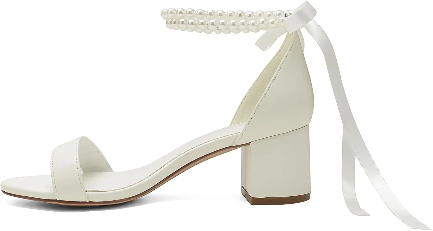 Pearl Wedding Shoes for Bride - Low Open Toe Bridal Heels With Bow, Chunky Block Heel for Women's Prom, Evening Party, Dress Pumps