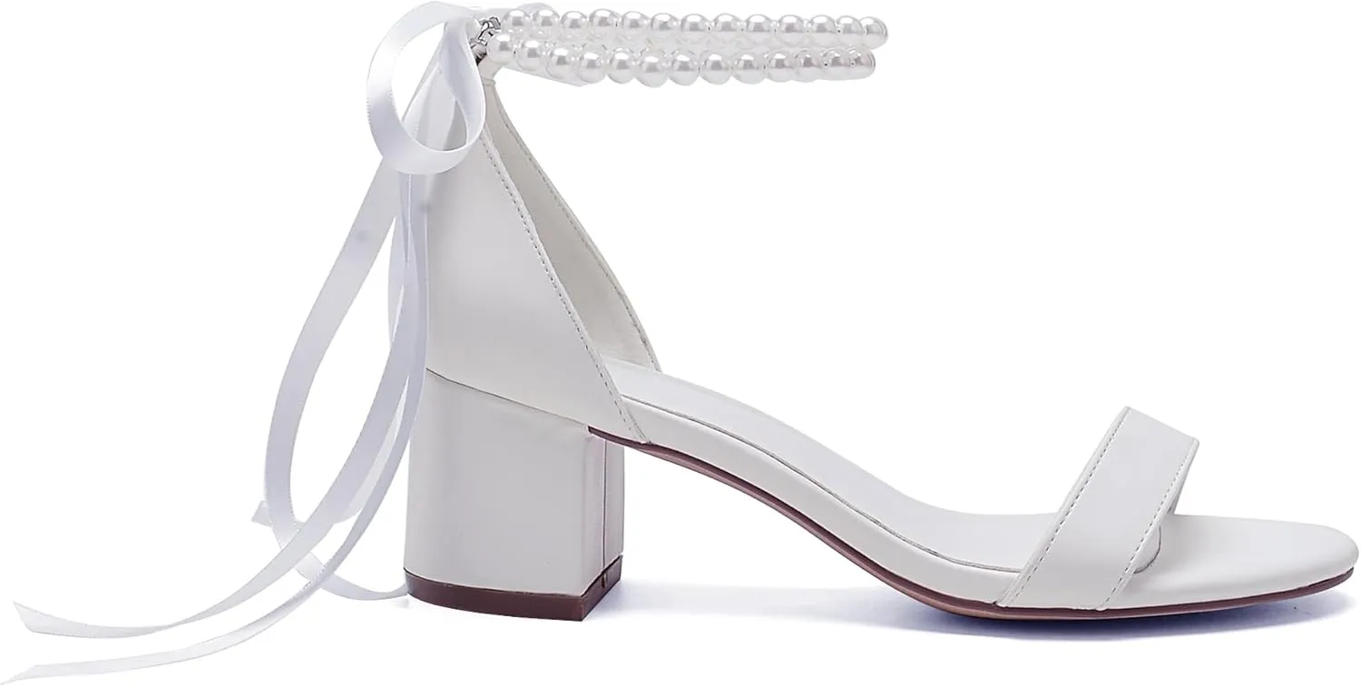 Pearl Wedding Shoes for Bride - Low Open Toe Bridal Heels With Bow, Chunky Block Heel for Women's Prom, Evening Party, Dress Pumps