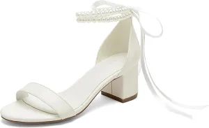 Pearl Wedding Shoes for Bride - Low Open Toe Bridal Heels With Bow, Chunky Block Heel for Women's Prom, Evening Party, Dress Pumps