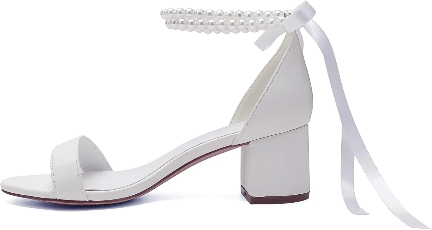 Pearl Wedding Shoes for Bride - Low Open Toe Bridal Heels With Bow, Chunky Block Heel for Women's Prom, Evening Party, Dress Pumps