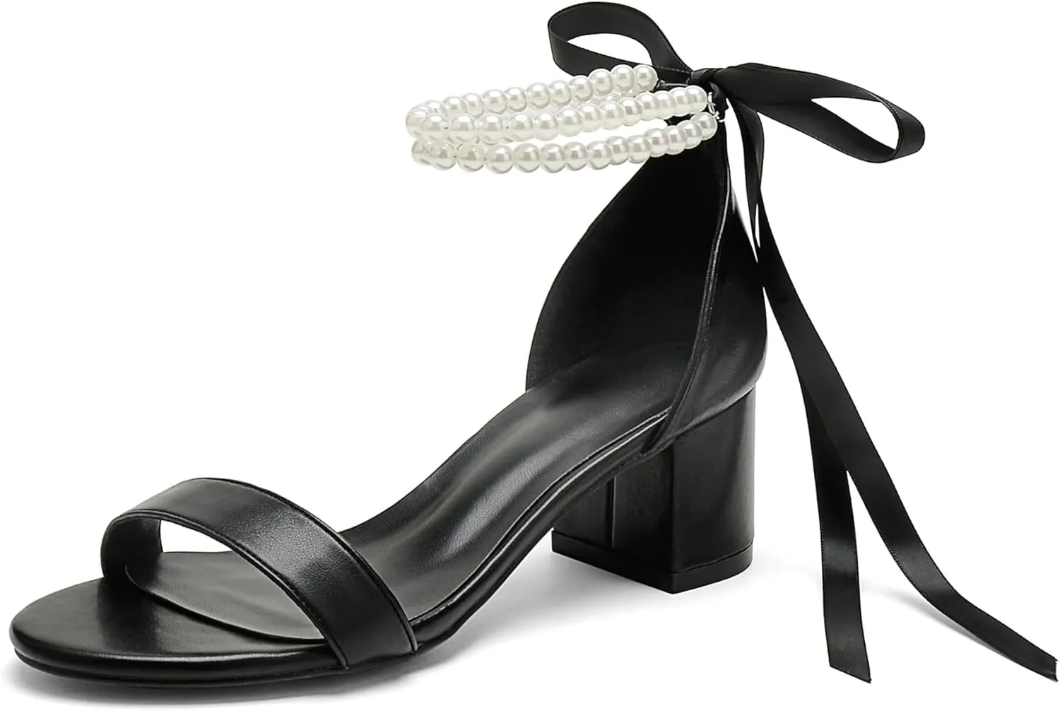 Pearl Wedding Shoes for Bride - Low Open Toe Bridal Heels With Bow, Chunky Block Heel for Women's Prom, Evening Party, Dress Pumps