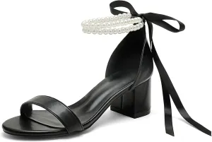 Pearl Wedding Shoes for Bride - Low Open Toe Bridal Heels With Bow, Chunky Block Heel for Women's Prom, Evening Party, Dress Pumps