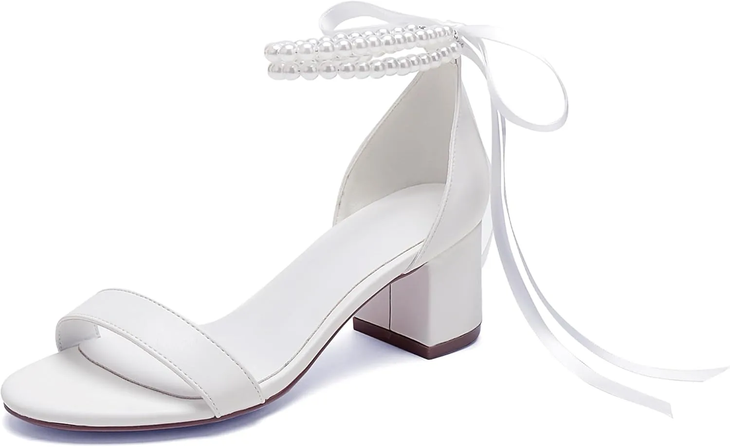 Pearl Wedding Shoes for Bride - Low Open Toe Bridal Heels With Bow, Chunky Block Heel for Women's Prom, Evening Party, Dress Pumps