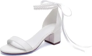 Pearl Wedding Shoes for Bride - Low Open Toe Bridal Heels With Bow, Chunky Block Heel for Women's Prom, Evening Party, Dress Pumps