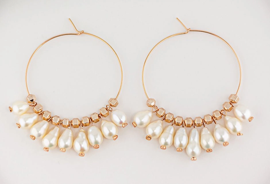 Pearl Hoop Earrings: Pink Rose Gold Statement Hoop Earrings