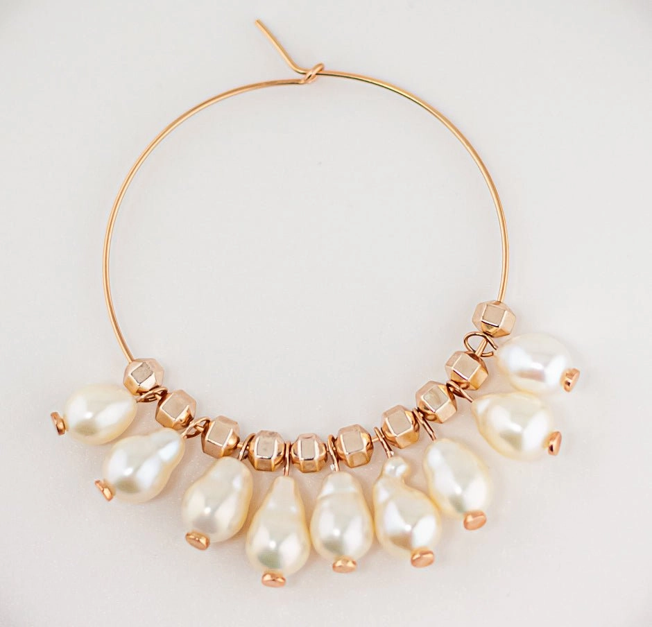 Pearl Hoop Earrings: Pink Rose Gold Statement Hoop Earrings
