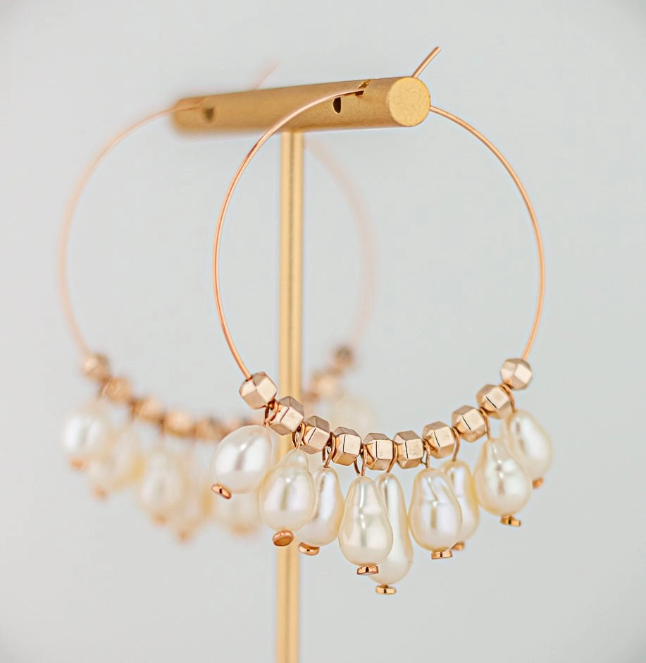 Pearl Hoop Earrings: Pink Rose Gold Statement Hoop Earrings