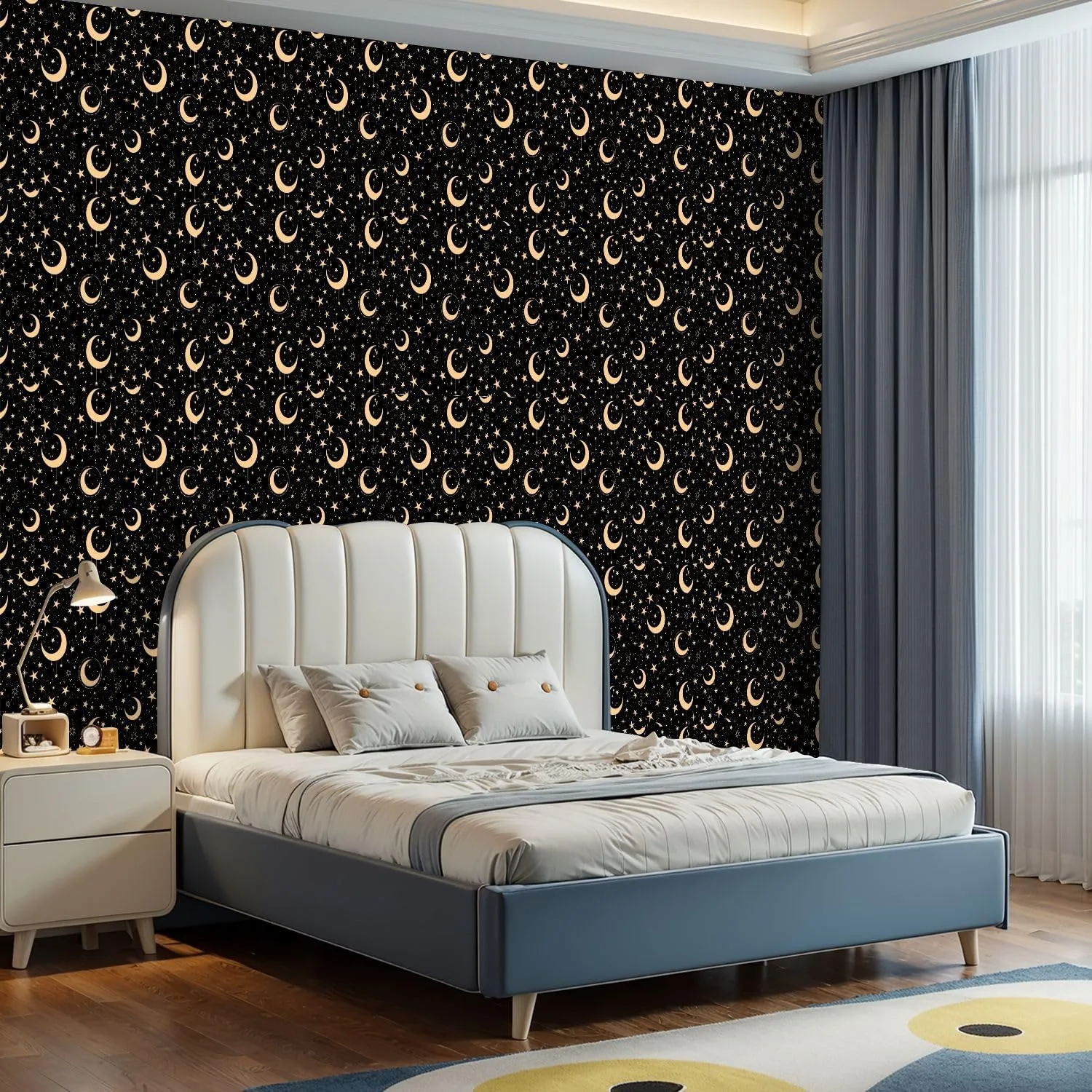 Peel and Stick Wallpaper Self Adhesive Wall Mural Seamless Pattern Golden Stars Moons Black Contact Paper Renter Friendly Wallpaper for Kitchen Nursery Bedroom 17.7"x118"
