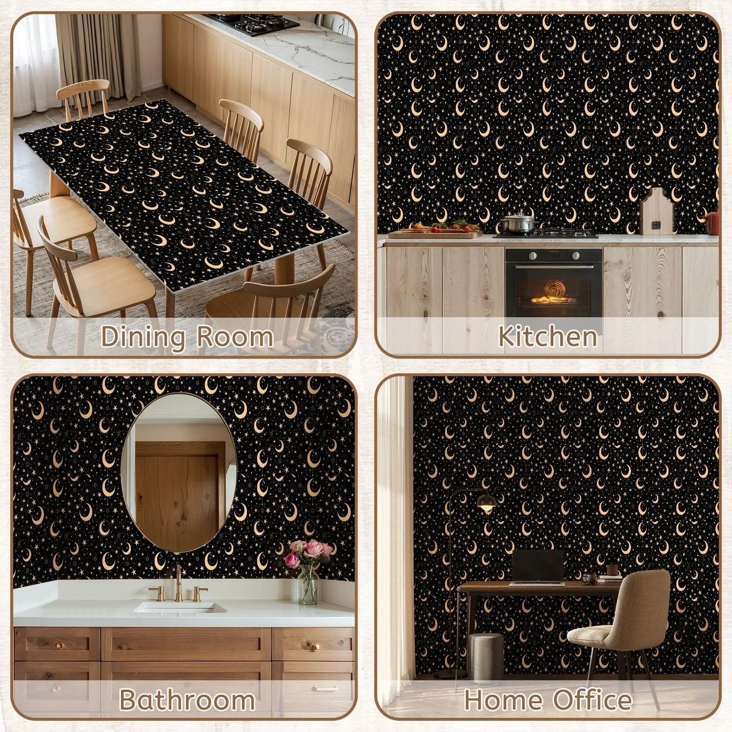Peel and Stick Wallpaper Self Adhesive Wall Mural Seamless Pattern Golden Stars Moons Black Contact Paper Renter Friendly Wallpaper for Kitchen Nursery Bedroom 17.7"x118"